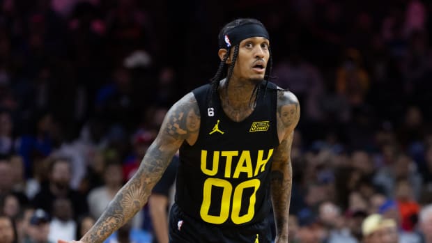 Utah Jazz guard Jordan Clarkson reacts to his made shot during a game.